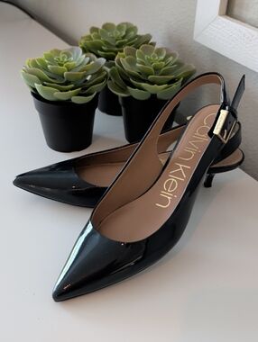 Calvin Klein Navy Patent Slingback Kitten Heels